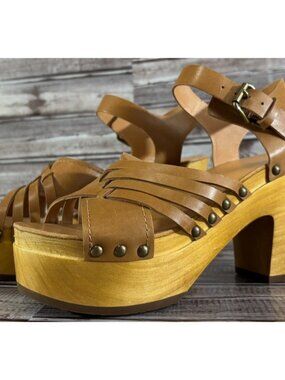 Frye Greta Platform Wood Clog Heels Leather Ankle Strap Sandals sz 7.5 M brown